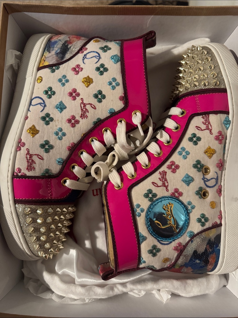 Christian Louboutin women’s ' High-Top Sneakers in Hot Pink, White, Gold & Blue
